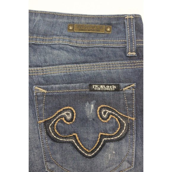 Express Be Rock women's embroidered vintage wash boot cut low-rise jeans 4 - Picture 8 of 13